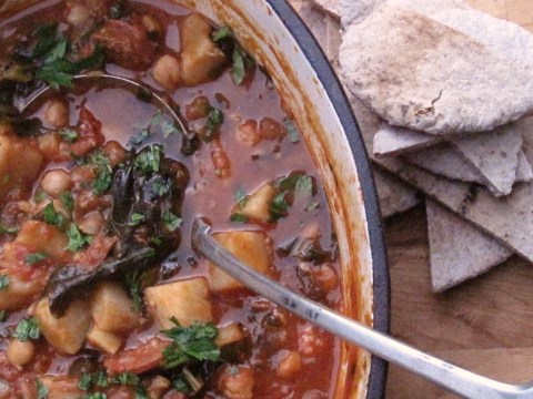 Chickpea and chorizo stew with celeriac and kale